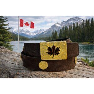 Rare Escada 90’s Brown Suede Belt Gold Maple Leaves Size M US 29-30